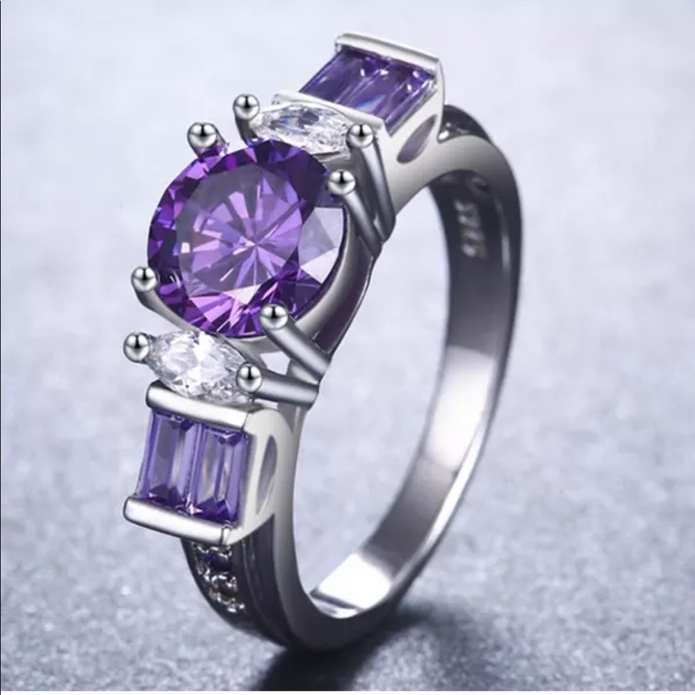 925s Silver Stamped Round Cut Amethyst Ring